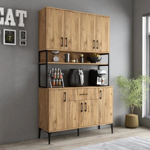 MDL0402 Alt Üst Çok Amaçlı Dolap 8 Kapaklı Çekmeceli Raflı Mutfak Dolabı Çam