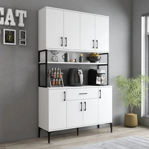 MDL0401 Alt Üst Çok Amaçlı Dolap 8 Kapaklı Çekmeceli Raflı Mutfak Dolabı Beyaz