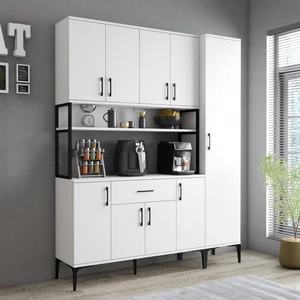 MDL0501 Alt Üst Tek Kapılı Çok Amaçlı Dolap 8 Kapaklı Çekmeceli Raflı Beyaz