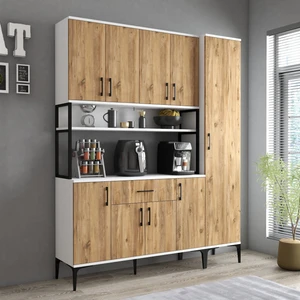 MDL0503 Alt Üst Tek Kapılı Çok Amaçlı Dolap 8 Kapaklı Çekmeceli Raflı Beyaz Çam