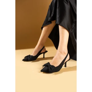 Pembe Potin Fiyonk Detaylı Sivri Burun Saten Kumaş Kadın Topuklu Ayakkabı 43-23-24SATEN