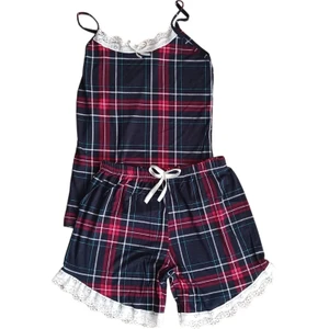 Ekose Desenli Dantel Işlemeli Şort Alt Üst Takım