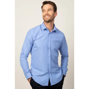 Slim Fit Uzun Kollu Kolay Ütü Teri Emen Nefes Alan Doku Kravatlık Dört Mevsim Mavi Erkek Gömlek