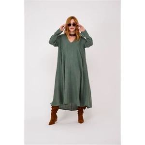 Bohem Stil Italyan V Yaka Uzun Kol Keten Elbise