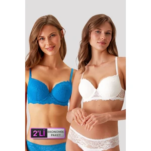 Pierre Cardin 6815 2'li Ekonomik Paket Lyon - Double Push Up Mavi  - Ekru Dantelli Sütyen Set