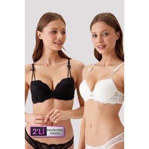 Pierre Cardin 6816 2'li Ekonomik Paket 6816 Siyah - Ekru Madrid Desteksiz Dantelli Sütyen Set