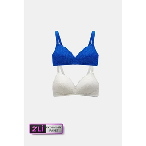 Pierre Cardin 6817 2'li Ekonomik Paket Venedik Desteksiz Ekru - Saks Mavi Dantelli Sütyen Set