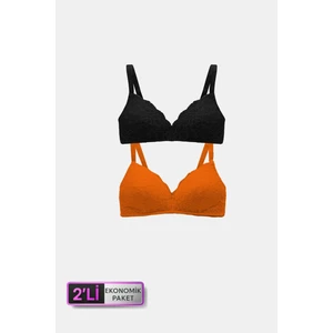 Pierre Cardin 6817 2'li Ekonomik Paket Venedik Desteksiz Turuncu - Siyah Dantelli Sütyen Set