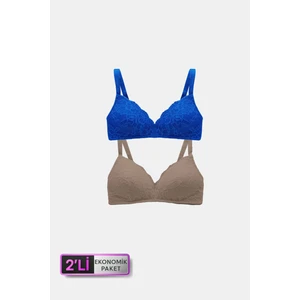 Pierre Cardin 6817 2'li Ekonomik Paket Venedik Desteksiz Nude - Saks Mavi Dantelli Sütyen Set