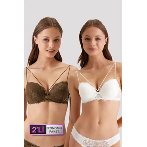 Pierre Cardin 6814 2'li Ekonomik Paket Milan Destekli - Pushup Ekru - Vizon Dantelli Sütyen Set