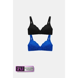 Pierre Cardin 6817 2'li Ekonomik Paket Venedik Desteksiz Siyah - Saks Mavi Dantelli Sütyen Set