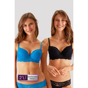 Pierre Cardin 6815 2'li Ekonomik Paket Lyon - Double Push Up Mavi  - Siyah Dantelli Sütyen Set