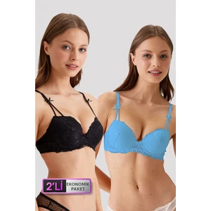 Pierre Cardin 6813 2'li Ekonomik Paket Milan Destekli - Pushup A.mavi-Siyah Dantelli Sütyen Set