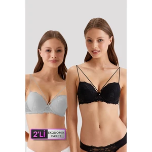 Pierre Cardin 6814 2'li Ekonomik Paket Milan Destekli - Pushup Siyah - Gri Dantelli Sütyen Set