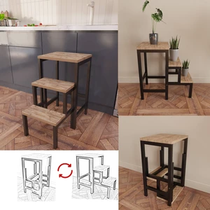 Yüceer Home Katlanır Saksılık Çiçeklik Merdiven Sehpa Tabure Siyah Demir Ahşap Yüzey
