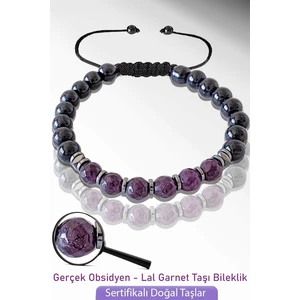 Tesbih Atölyesi Sertifikalı Doğal Obsidyen - Lal Garnet Granat Taşı Bileklik - Ayarlamalı