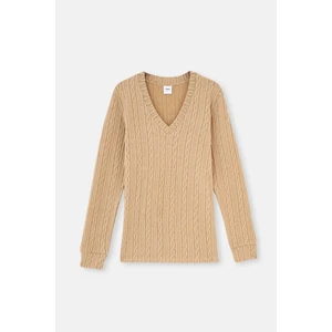 Açık Kahve V Yaka Uzun Kollu Örgülü Sweatshırt