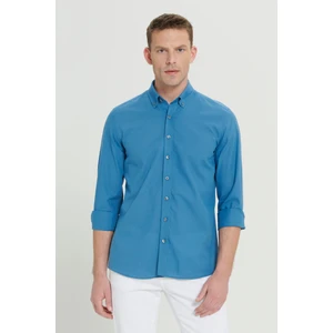 Altınyıldız Classics Erkek Petrol Slim Fit Düğmeli Yaka Keten Görünümlü %100 Pamuk Flamlı Gömlek