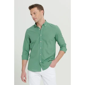 Altınyıldız Classics Erkek Haki Slim Fit Dar Kesim Düğmeli Yaka Keten Görünümlü %100 Pamuk Flamlı Gömlek