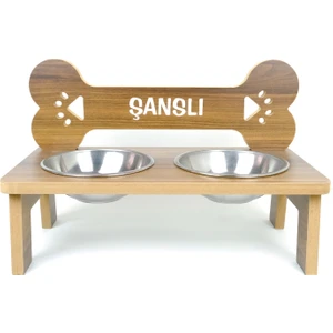 Ahşap, Çelik Kaseli Büyük Irk Köpek Mama ve Su Stantı-2*1000 ml.