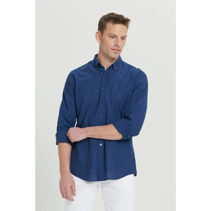Altınyıldız Classics Erkek Indigo Comfort Fit Rahat Kesim Düğmeli Yaka Casual Keten Gömlek