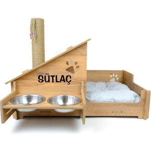 Ahşap, Çelik Mama Kaplı, Tırmalama Çubuklu Açık-Kapalı Kedi ve Köpek Evi 4 In 1