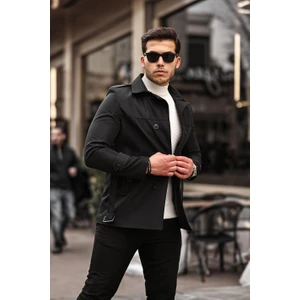 Mero Life Erkek Siyah Mevsimlik Astarlı Kemerli Kruvaze Trençkot