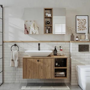 Lavabolu Mdf 95 cm Lotus Çekmeceli Banyo Dolabı + Aynalı Üst Dolabı