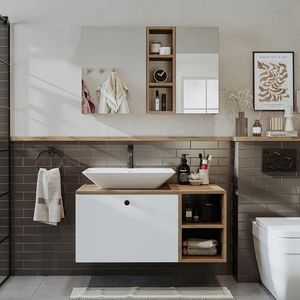 Lavabolu Mdf 95 cm Lotus Çekmeceli Banyo Dolabı + Aynalı Üst Dolabı