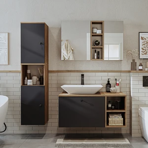 Lavabolu Mdf 95 cm Lotus Çekmeceli Banyo Dolabı + Aynalı Üst Dolabı + Banyo Boy Dolabı