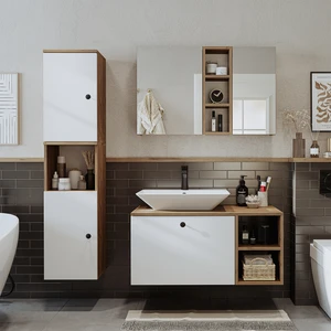 Lavabolu Mdf 95 cm Lotus Çekmeceli Banyo Dolabı + Aynalı Üst Dolabı + Banyo Boy Dolabı