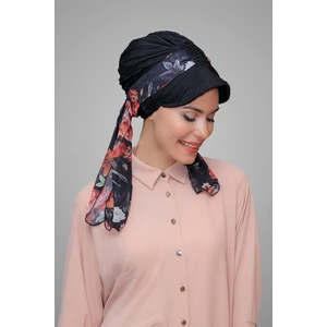 Hürrem Bone Siyah Şapkalı Tesettür Bone Kesik Elyaf Desenli Şifon Kemerli 1902_01