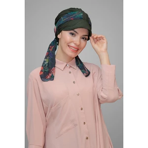 Hürrem Bone Haki Şapkalı Tesettür Bone Kesik Elyaf Desenli Şifon Kemerli 1902_09