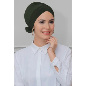 Hürrem Bone Haki Pratik Hazır Geçmeli Tesettür Bone Sandy Kumaş Fiyonklu Çift Taraflı Tek Çapraz 1833_09