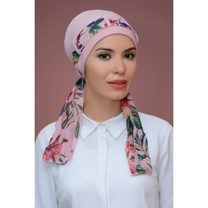 Hürrem Bone Pudra Pratik Hazır Geçmeli Tesettür Bone Sandy Kumaş Desenli Şifon Kemerli 1205D_06