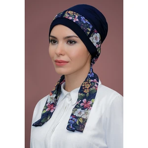 Hürrem Bone Lacivert Pratik Hazır Geçmeli Tesettür Bone Sandy Kumaş Desenli Şifon Kemerli 1205D_02