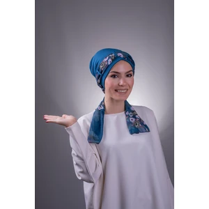 Hürrem Bone P. Mavisi Pratik Hazır Geçmeli Tesettür Bone Sandy Kumaş Desenli Şifon Kemerli 1205D_17