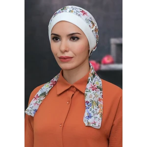 Hürrem Bone Krem Pratik Hazır Geçmeli Tesettür Bone Sandy Kumaş Desenli Şifon Kemerli 1305D_40
