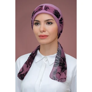 Hürrem Bone Gül Kurusu Pratik Hazır Geçmeli Tesettür Bone Sandy Kumaş Desenli Şifon Kemerli 1205D_18