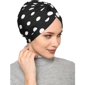 Hürrem Bone Siyah-Beyaz Pratik Hazır Geçmeli Tesettür Bone Sandy Kumaş Puantiye Desenli Büzgülü 1210_01