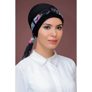 Hürrem Bone Siyah Pratik Hazır Geçmeli Tesettür Bone Sandy Kumaş Desenli Şifon Kemerli 1205D_01