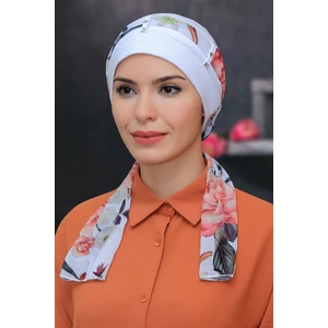 Hürrem Bone Beyaz Pratik Hazır Geçmeli Tesettür Bone Sandy Kumaş Desenli Şifon Kemerli 1305D_42