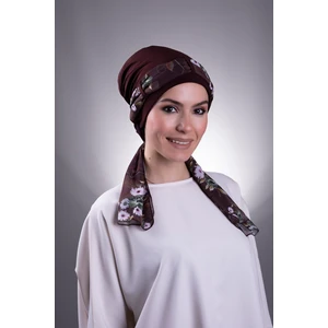 Hürrem Bone Kahve Pratik Hazır Geçmeli Tesettür Bone Sandy Kumaş Desenli Şifon Kemerli 1205D_14