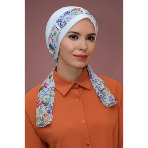 Hürrem Bone Krem Pratik Hazır Geçmeli Tesettür Bone Sandy Kumaş Desenli Şifon Kemerli 1205D_40