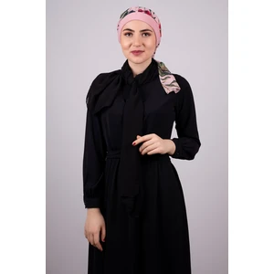 Hürrem Bone Pudra Pratik Hazır Geçmeli Tesettür Bone Sandy Kumaş Desenli Şifon Kemerli 1305D_06
