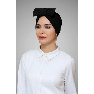 Hürrem Bone Siyah Pratik Hazır Geçmeli Tesettür Bone Sandy Kumaş Fiyonklu Büzgülü 7006_01