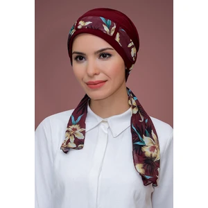 Hürrem Bone Bordo Pratik Hazır Geçmeli Tesettür Bone Sandy Kumaş Desenli Şifon Kemerli 1205D_16