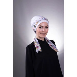 Hürrem Bone Beyaz Pratik Hazır Geçmeli Tesettür Bone Sandy Kumaş Desenli Şifon Kemerli 1205D_42