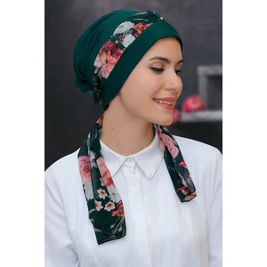Hürrem Bone Zümrüt Pratik Hazır Geçmeli Tesettür Bone Sandy Kumaş Desenli Şifon Kemerli 1305D_37