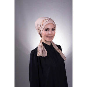 Hürrem Bone Bej Pratik Hazır Geçmeli Tesettür Bone Sandy Kumaş Desenli Şifon Kemerli 1205D_12
